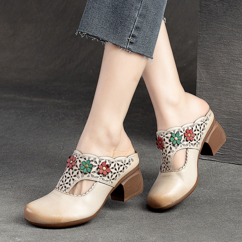 Women's Style Little Flower High Round Toe Heels