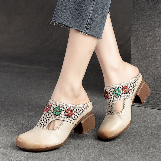 Women's Style Little Flower High Round Toe Heels