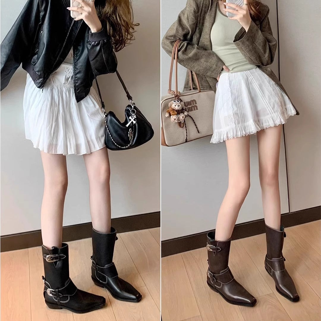 Women's Square Toe Metal Buckle Chunky Short Western Boots