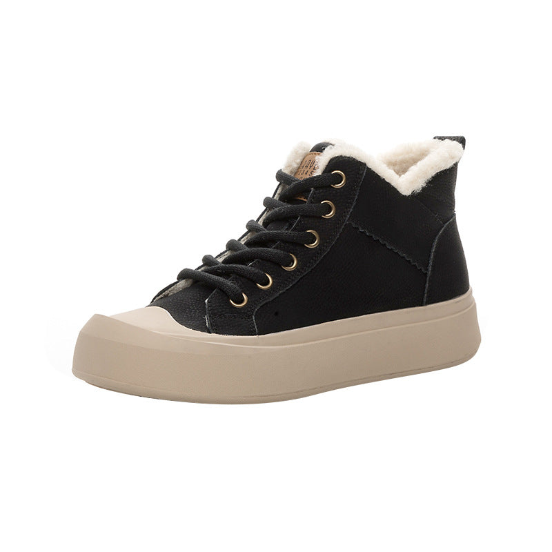Women's Thick Fleece Warm Cowhide Vintage Platform Snow Boots