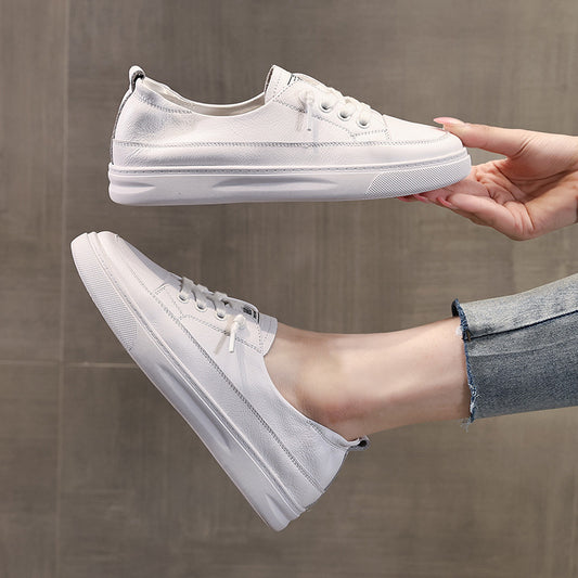 Women's Layer Cowhide Low-cut White Summer Pumps Casual Shoes
