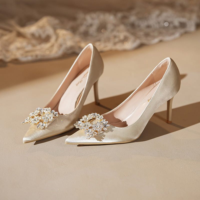 Surface Wedding Stiletto Pointed Toe Low-cut Rhinestone Square Buckle High Heels