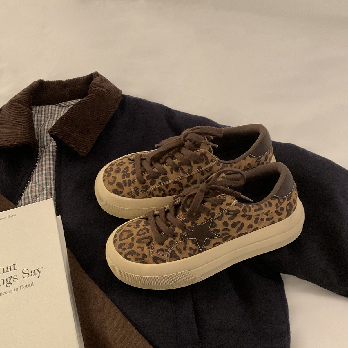 Full Cowhide Grape Mom Retro Leopard Print German Women's Casual Shoes