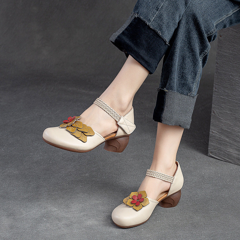 Cowhide Small High Retro Style Velcro Heels
