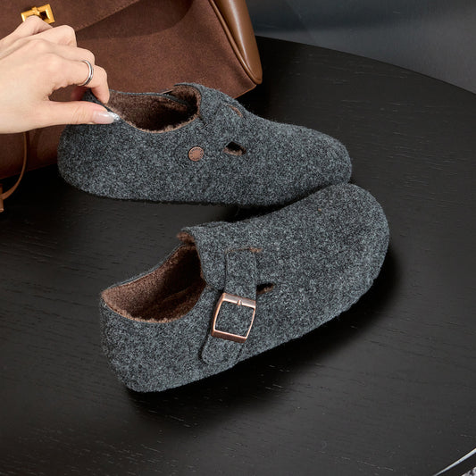 Women's Belt Buckle Round Toe Flat Korean Style Vintage Women's Shoes