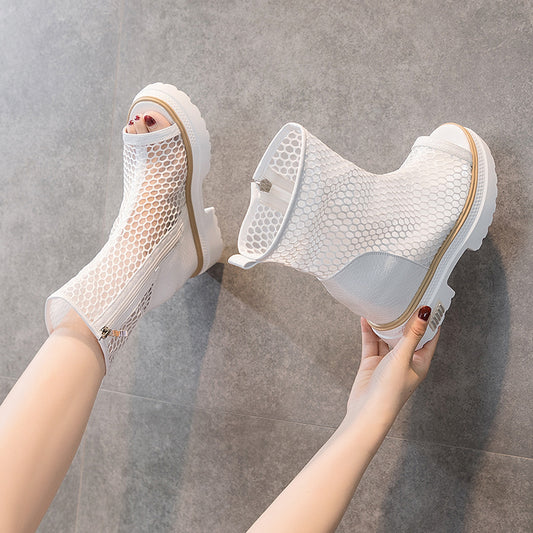 Women's Peep Toe Round Side Zipper Mesh Sandals