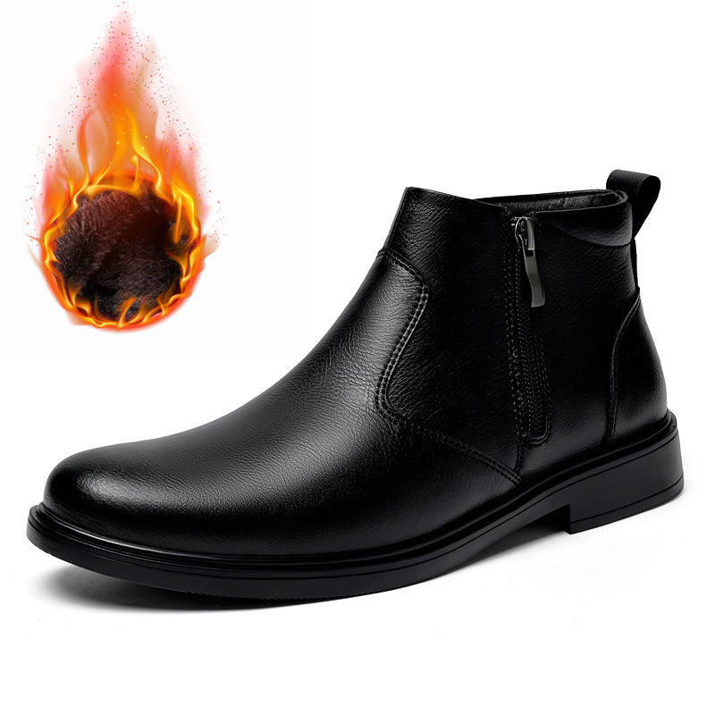 Men's Leisure Sleeve Side Zipper Cowhide Surface Boots