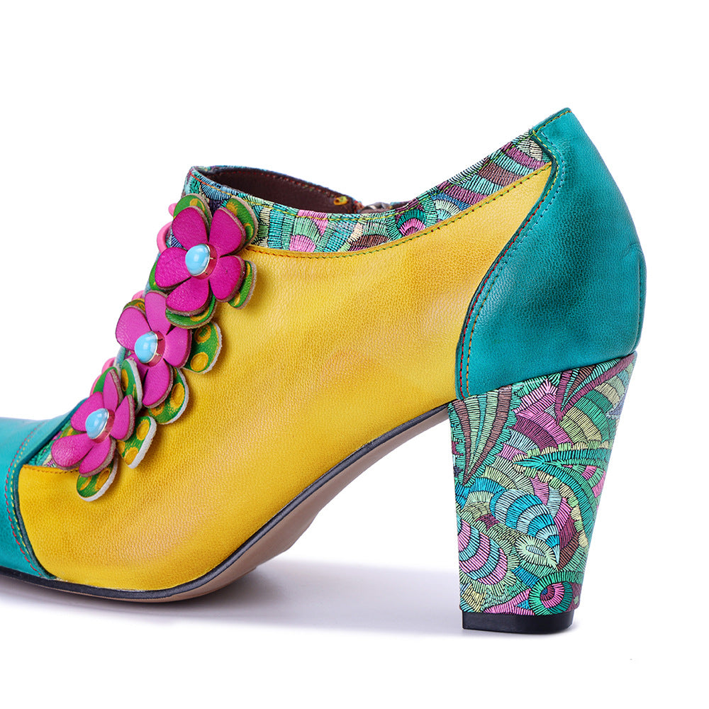 Color Matching Three-dimensional Flower Side Zipper Chunky Women's Fashion Shoes