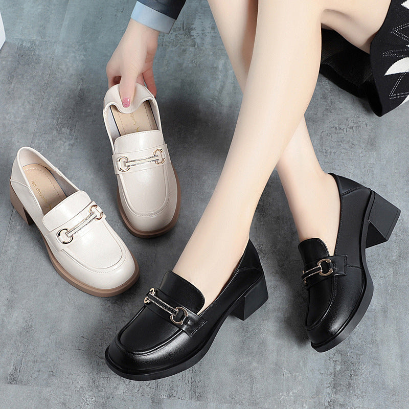 Soft Bottom Mid Mom British Style Slip-on Black Single-layered Women's Fashion Shoes