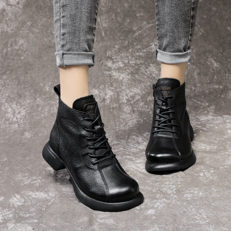 Women's Thick Soft Bottom Top Layer Cowhide Booties Boots