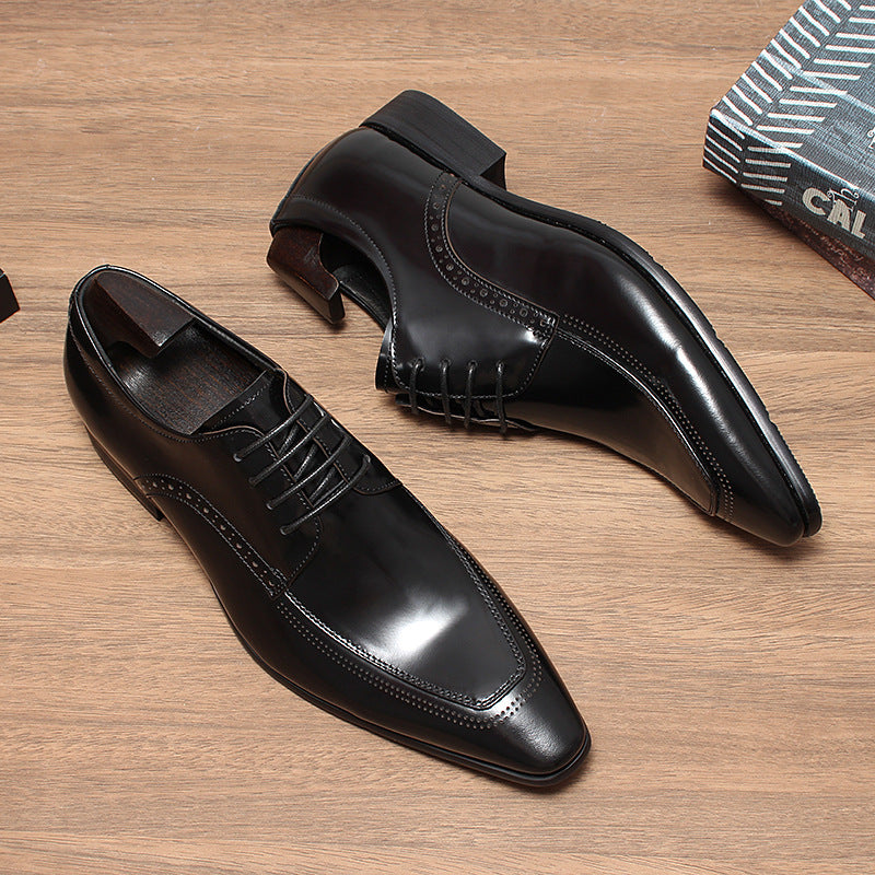 Men's Autumn British Style Pointed Genuine Glitter Tied Derby Formal Men's Business Leather Shoes