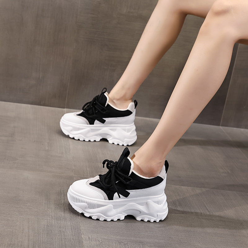 Women's White Height Increasing Insole Fleece-lined Korean Sneakers