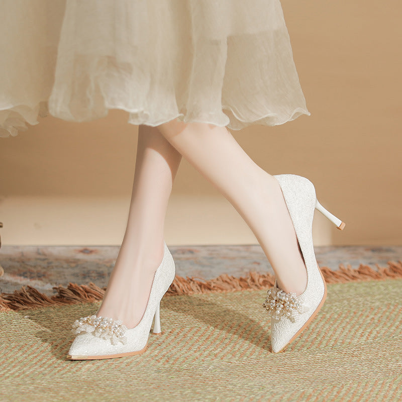 Women's French Wedding High Gentle Temperament Pearl Women's Shoes