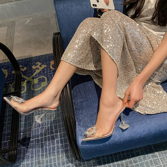 Women's Summer Transparent Crystal Fairy Style Stiletto Pointed Heels