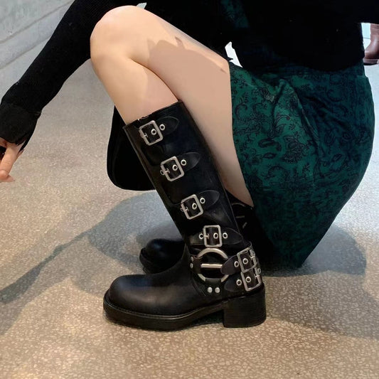Women's Round Toe Belt Buckle Chunky Western Boots
