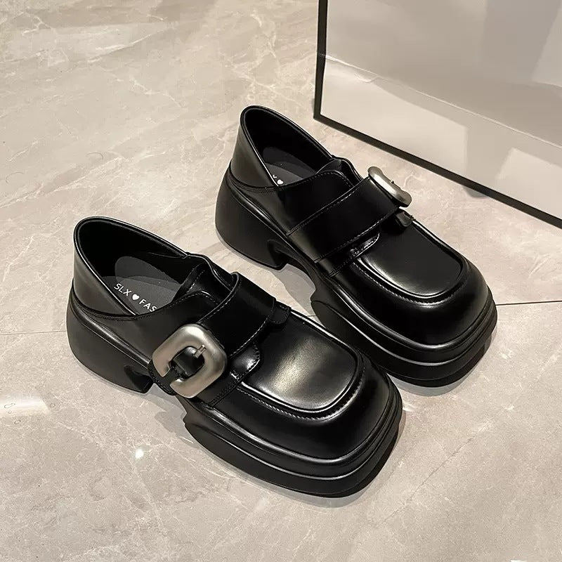 Women's Genuine Elevator Autumn Square Toe Chunky Loafers