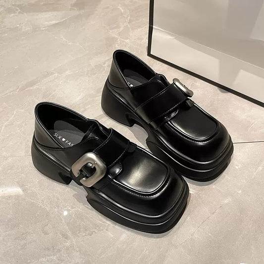 Women's Genuine Elevator Autumn Square Toe Chunky Loafers
