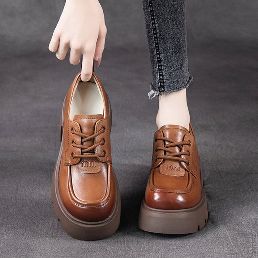 Women's Cowhide Autumn Authentic Platform Thick Bottom Retro Casual Shoes