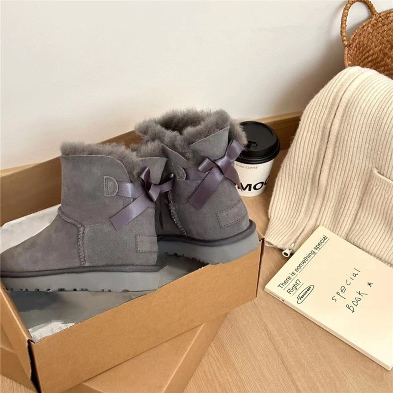 Women's Style Sheepskin Fur Integrated Single Ribbon Snow Boots