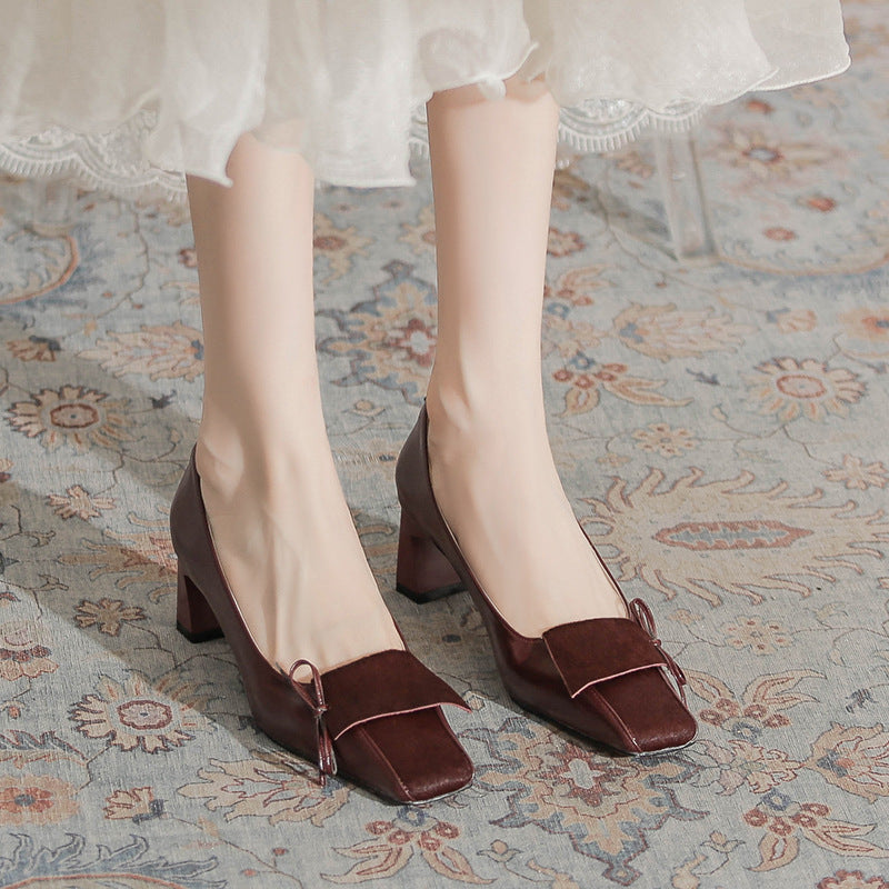 French Retro Wine Red Wedding Temperament Square Toe Heels