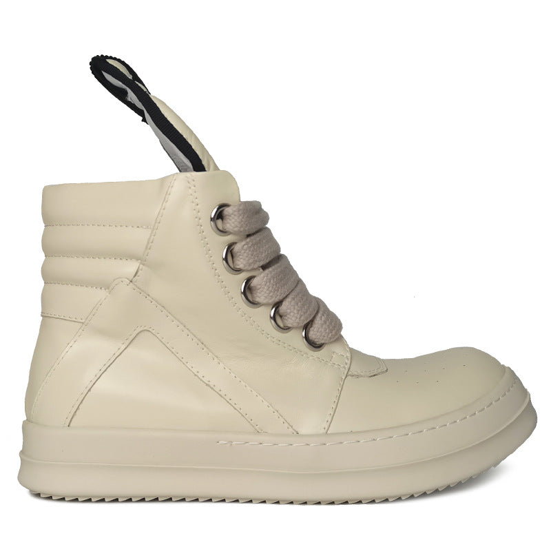Men's Cowhide Inverted Triangle Wide Shoelace Thick Boots