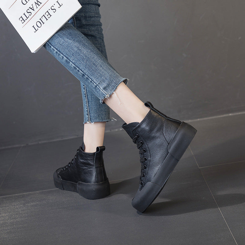 Women's Spring Cowhide Soft Bottom White Flat Sneakers