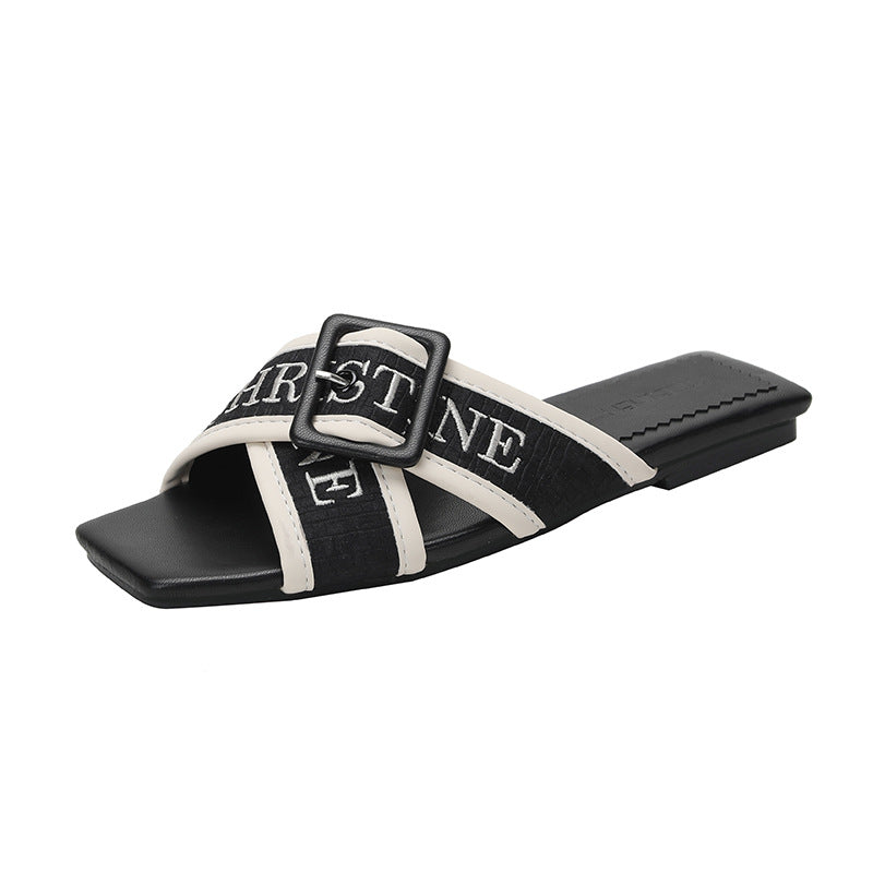 Women's Fashionable Square Toe Cross Embroidered Classic Sandals