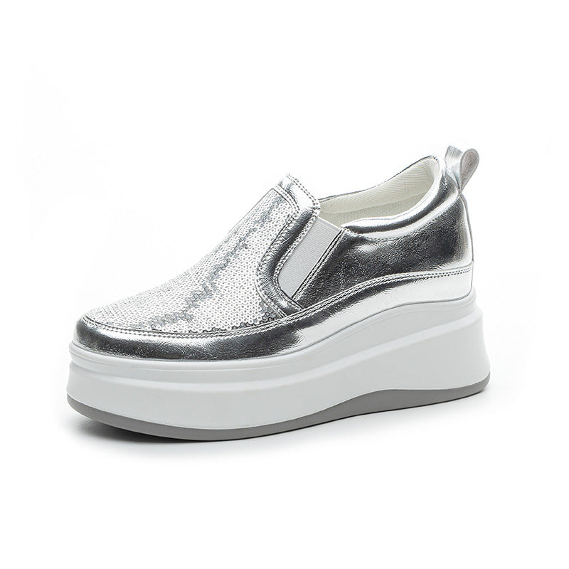 Women's Inner Height Increasing Thick-soled Sequined White Casual Shoes
