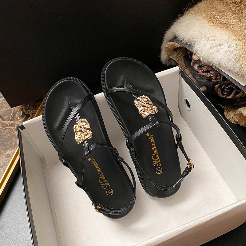 Women's Toe Open Strap Roman Thin Low For Summer Sandals
