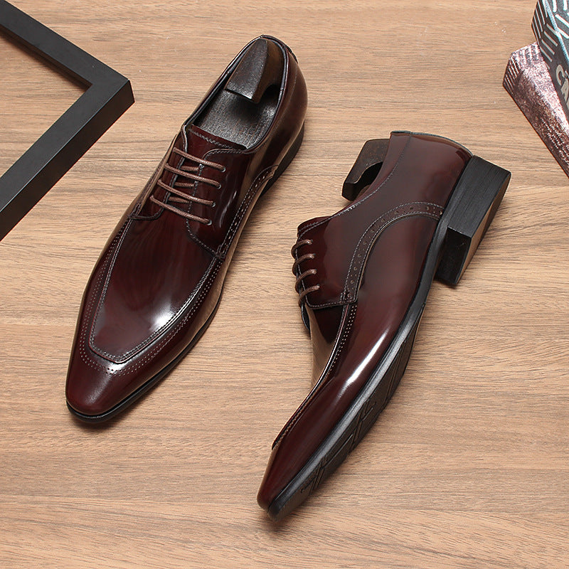 Men's Autumn British Style Pointed Genuine Glitter Tied Derby Formal Men's Business Leather Shoes