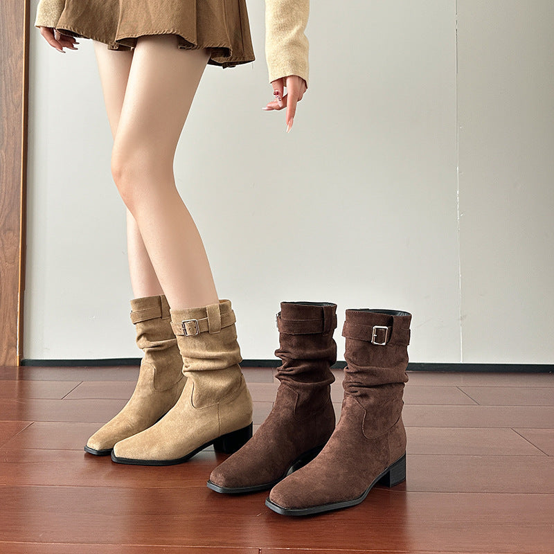 Women's Vintage Suede Short Western Cowboy Chunky Mid Boots