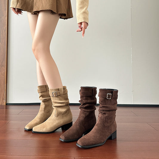 Women's Vintage Suede Short Western Cowboy Chunky Mid Boots