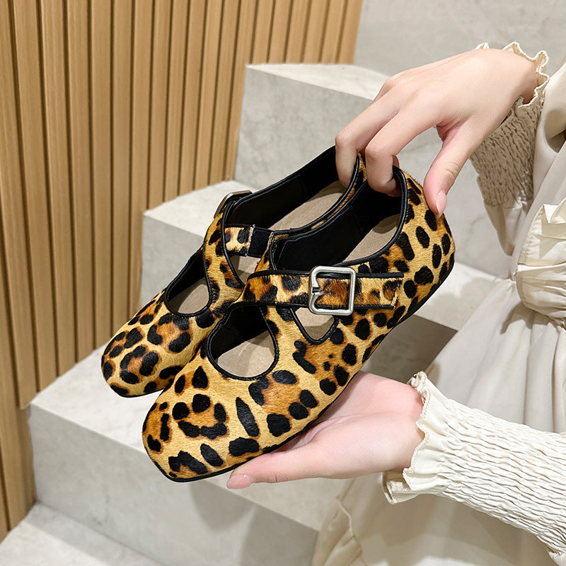 Women's Surface Genuine Cross Leopard Print Comfortable Flat Mary Women's Fashion Shoes
