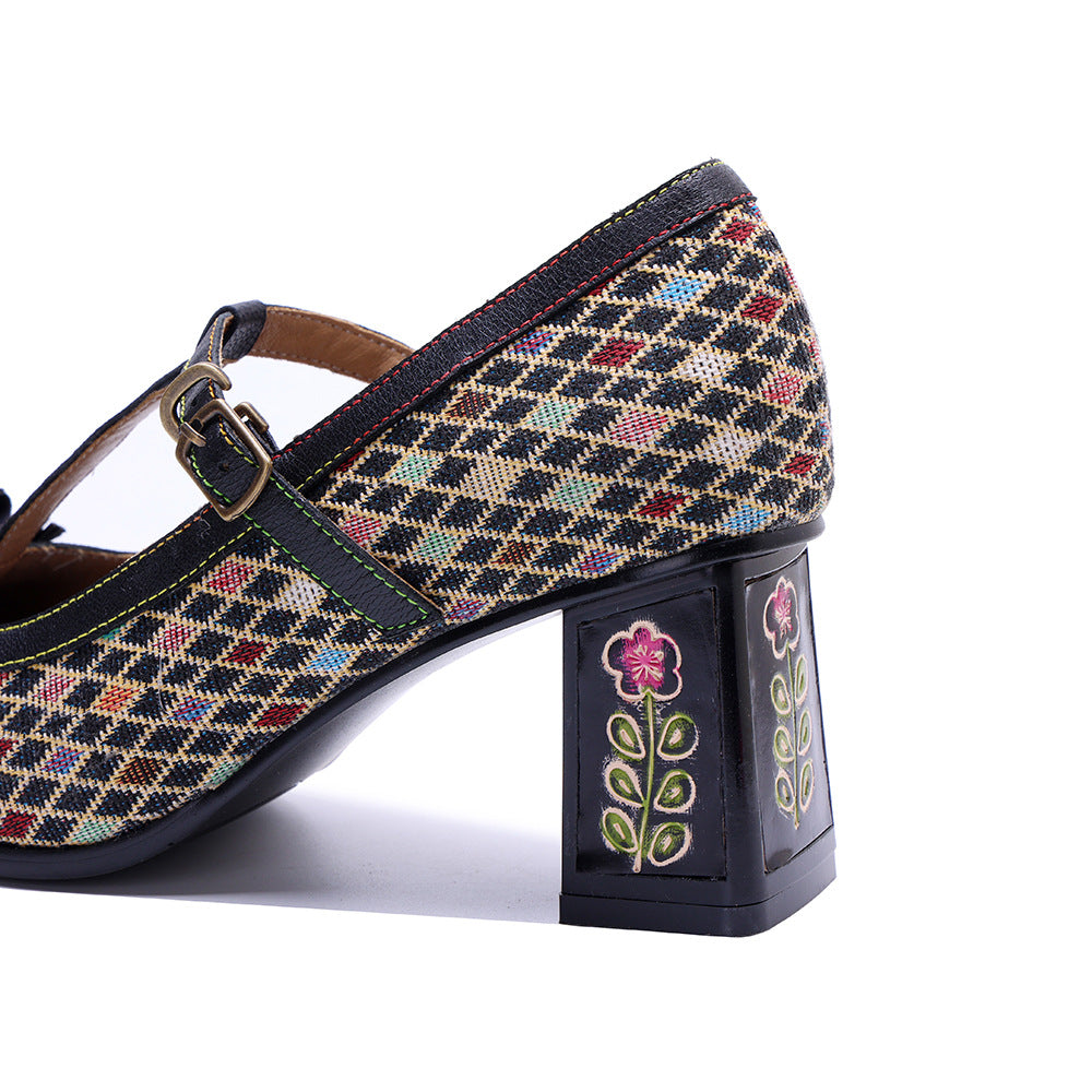 Women's Plaid Printed Three-dimensional Flower Mary Jane Women's Shoes