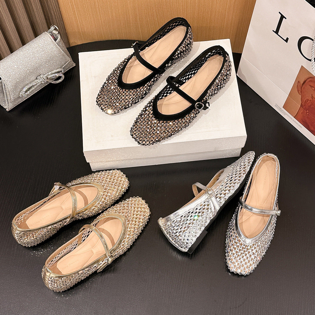 Women's Square Toe Rhinestone Mesh Hollow Out Back Open Mary Jane Women's Fashion Shoes