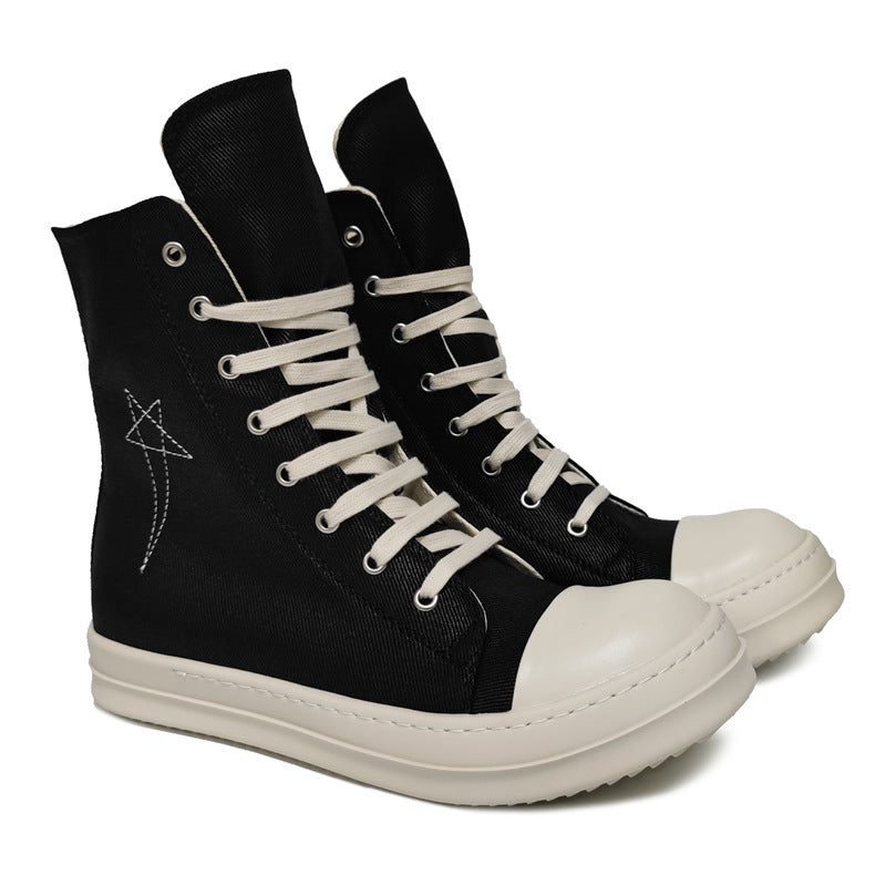 Men's Pentagram Embroidered Skate Short Zipper White Canvas Shoes
