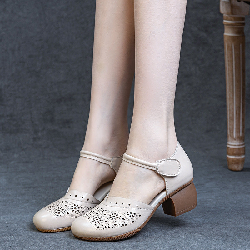Women's Hollowed Summer First Layer Cowhide Closed Toe Heels