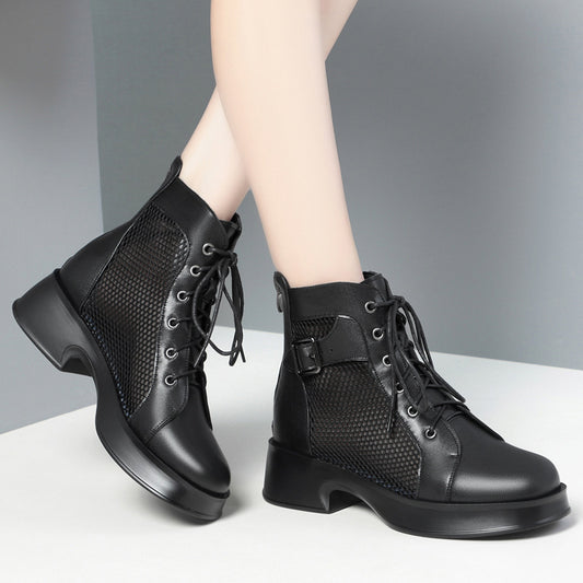 Women's Single Mid Chunky British Lace Screen Boots