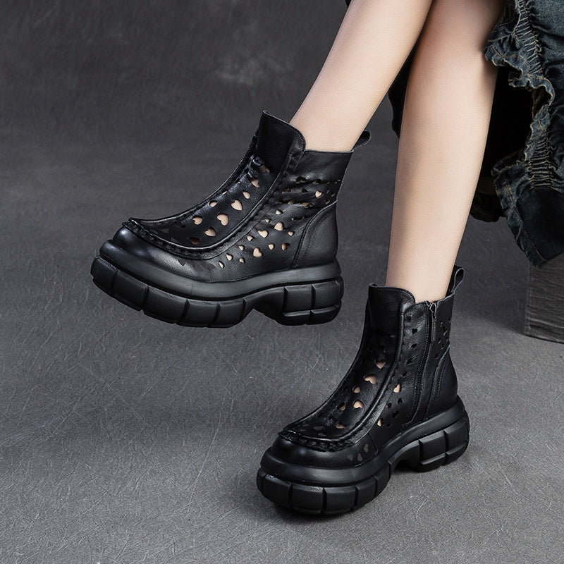 Women's Side Zipper First Layer Cowhide Retro Heels