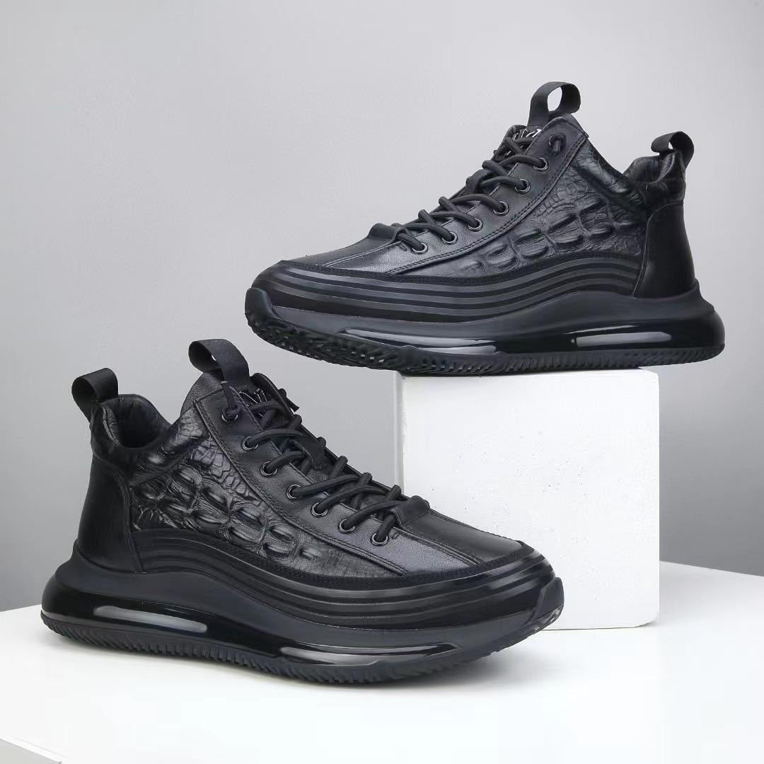 Men's Top Layer Cowhide High Air Cushion Soft Bottom Crocodile Men's Casual Leather Shoes