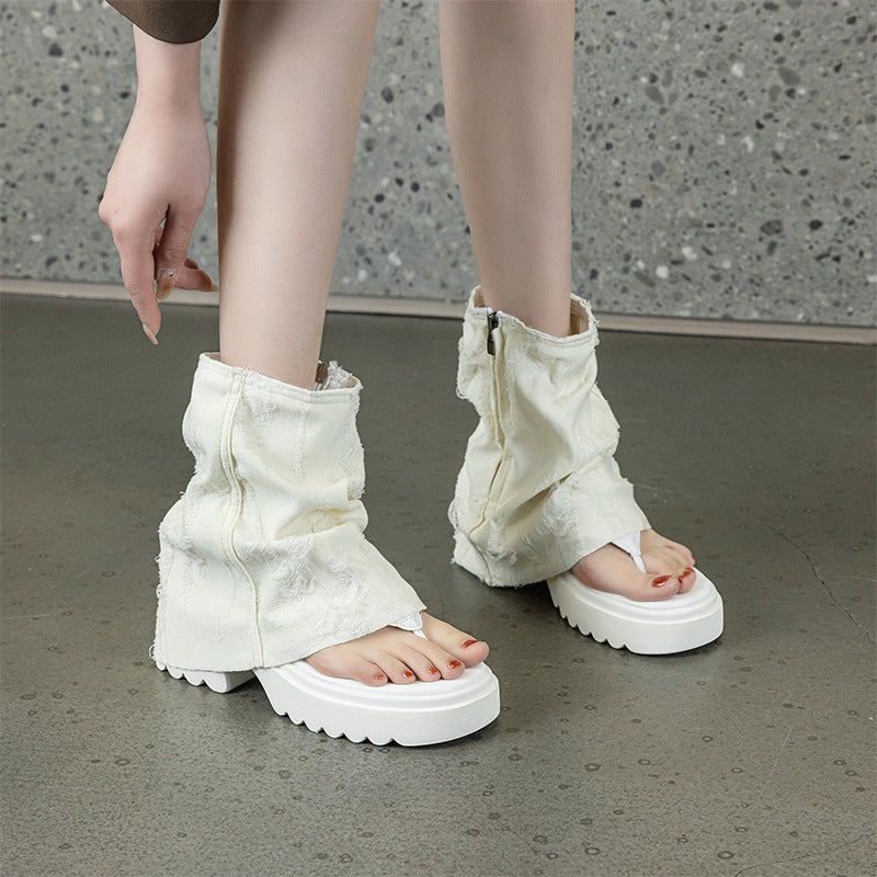 Women's Martin For Summer Denim Bunching Socks Sandals