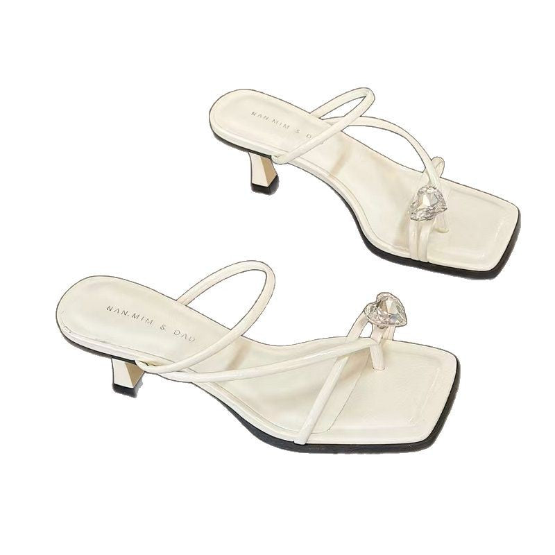 Women's Heart-shaped Rhinestone Stiletto Outer Wear Fairy Square Heels