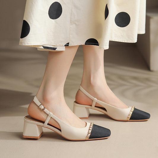 Women's Temperament Chain Color Matching Mid Summer Closed Toe Chunky Heels