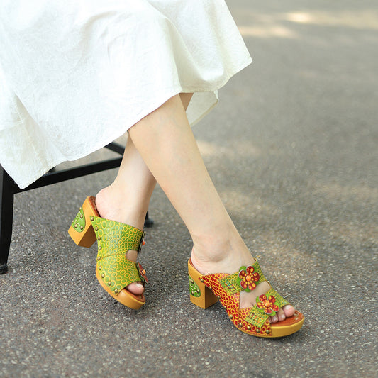 Color Vintage Contrast Flower Comfortable Thick Heels