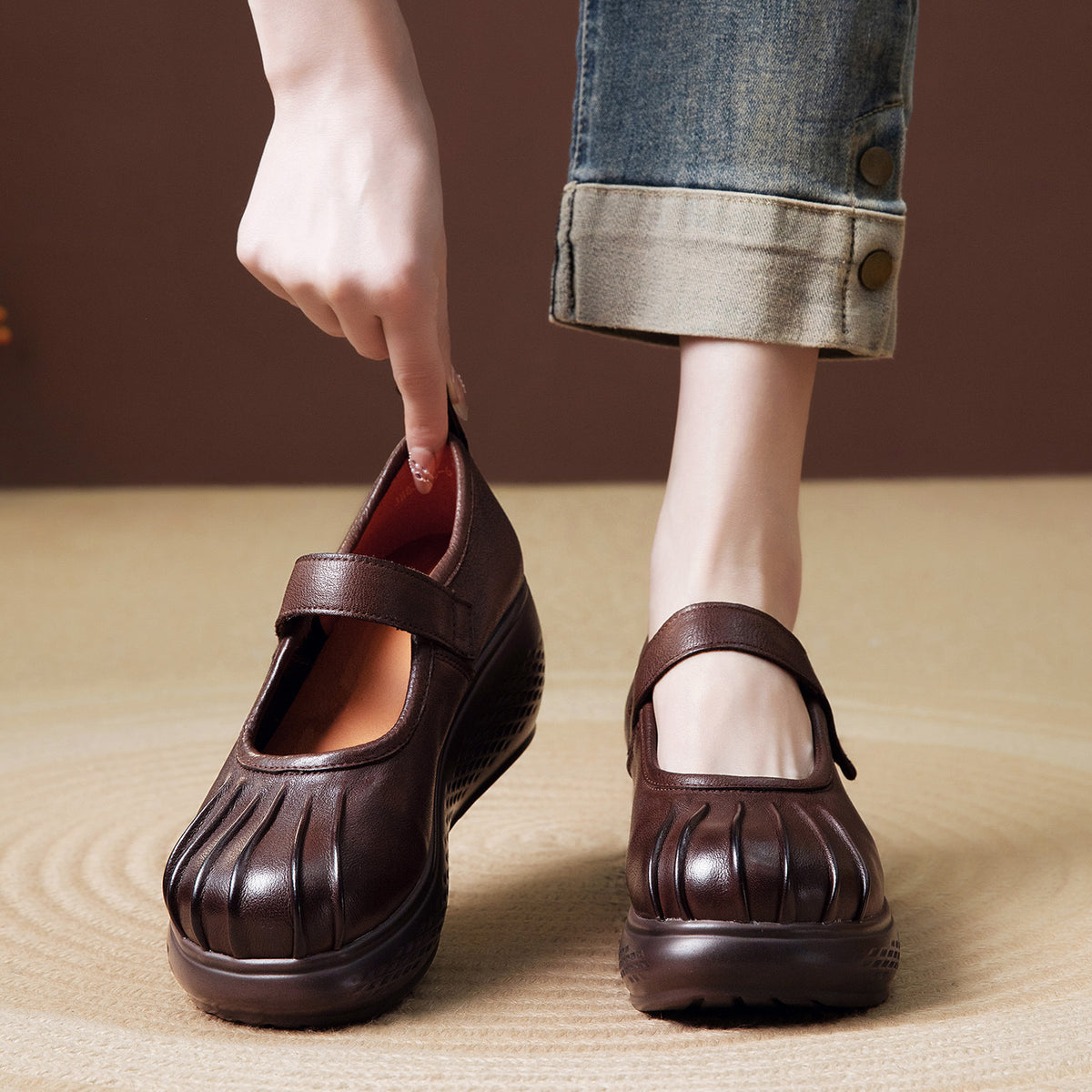 Women's Ethnic Style Handmade Genuine Wedge Thick Bottom Shallow Mouth Magic Women's Fashion Shoes