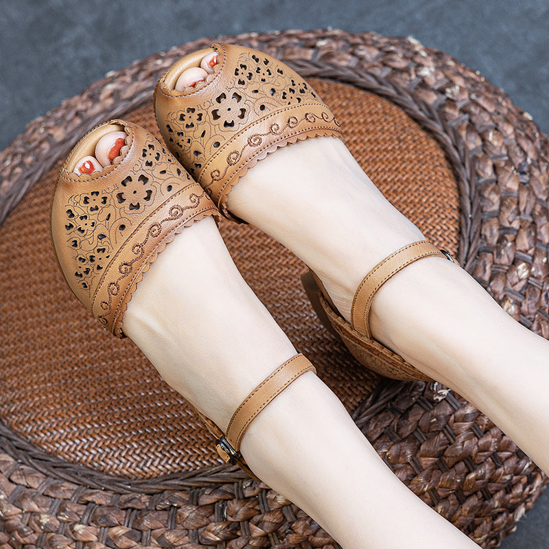 Women's Summer Genuine Hollowed Thick Soft Bottom Heels