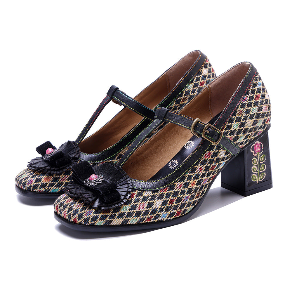 Women's Plaid Printed Three-dimensional Flower Mary Jane Heels