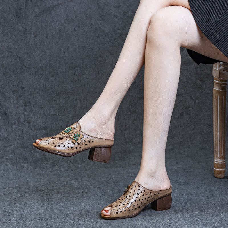 Women's Chunky Top Layer Cowhide Ethnic Style Heels