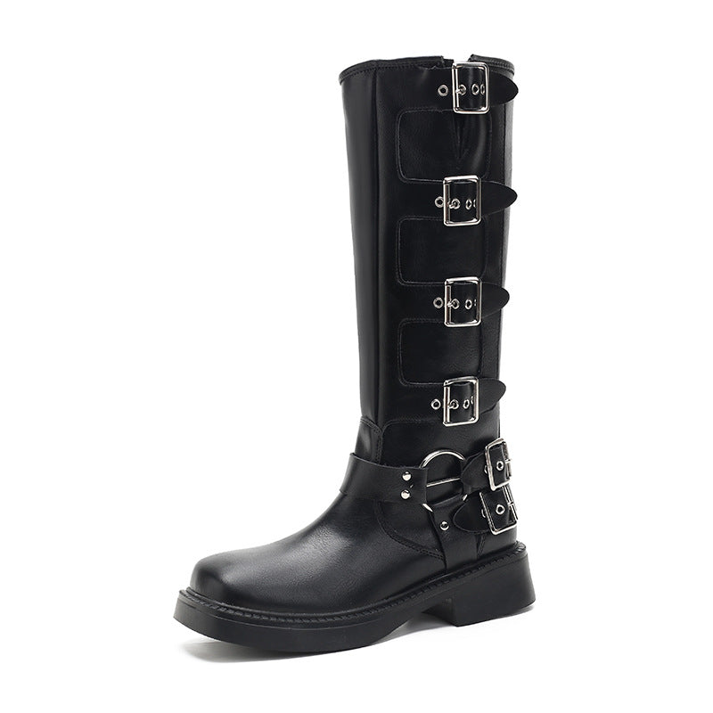 Women's High Metal Belt Buckle Square Head Boots