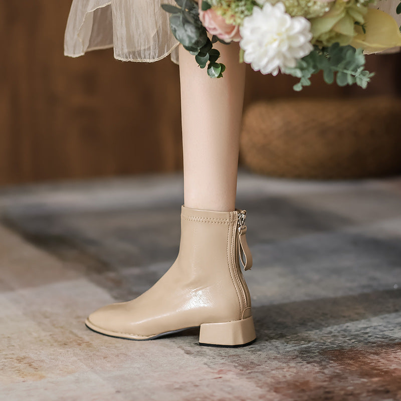 Women's Toe Chunky Short Back Zipper Skinny Boots